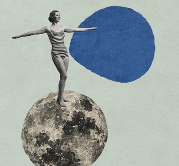 Collage Futura: una tuffatrice in equilibrio sulla luna