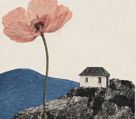 Collage: un papavero rosa e una casa su una scogliera