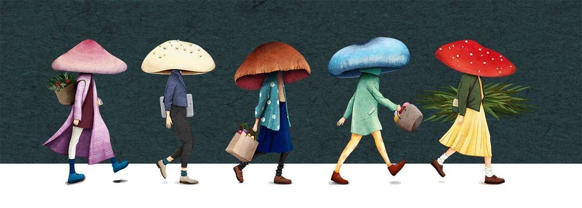 Illustrazione: cinque persone camminano con grandi cappelli a forma di fungo